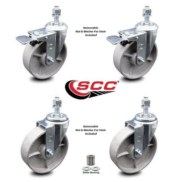 Service Caster Semi Steel Swvl TS Caster w/Roller Bearing-5"Wheels&12MM Stems-2 w/TTL BRK, 4PK SCC-TSTTL20S515-SSR-M1215-2-S-2 - main